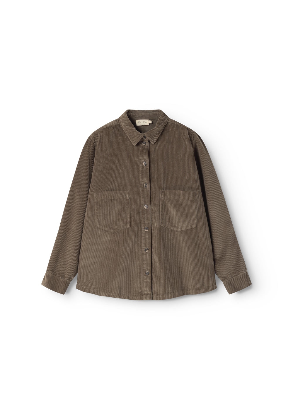 Dark olive shirt with long sleeves, button closure and chest pocket.