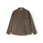 Dark olive shirt with long sleeves, button closure and chest pocket.