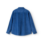 Blue shirt with wide sleeves and pleated detail at the back, view from behind.
