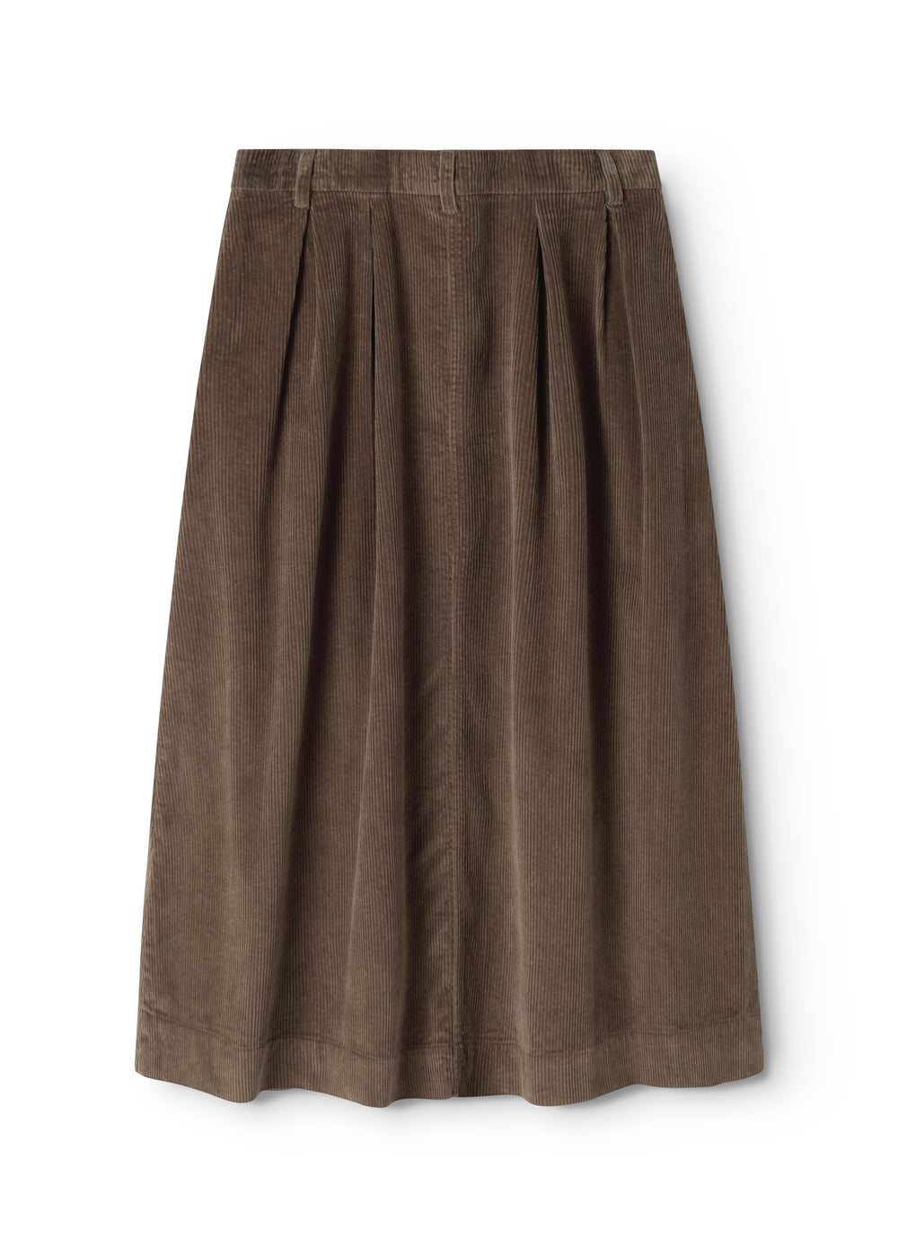 Brown lower part with pleats and a button at the waist, A-line fit.