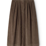 Brown lower part with pleats and a button at the waist, A-line fit.