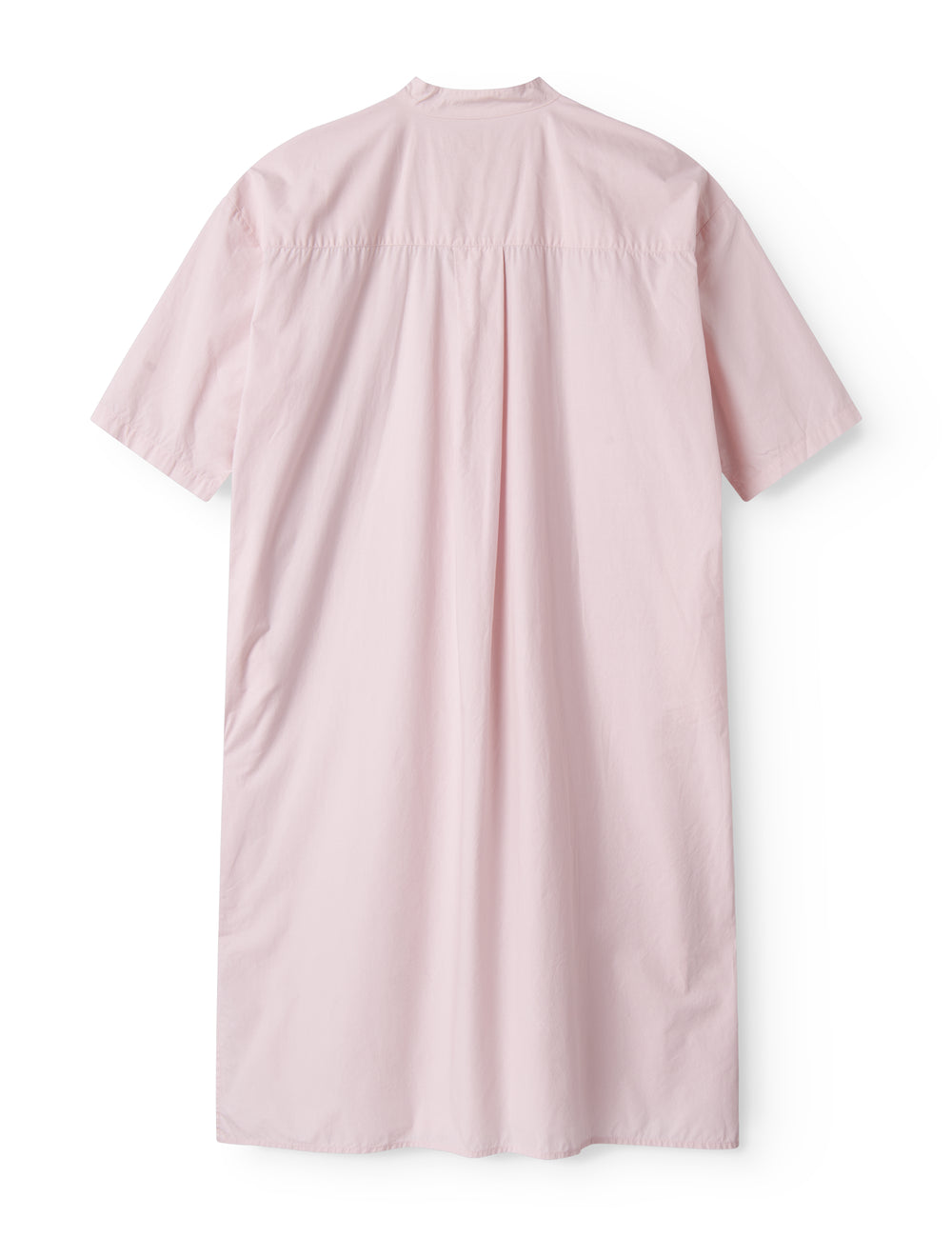 Red dress with short sleeves and a button-up closure.