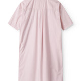 Red dress with short sleeves and a button-up closure.