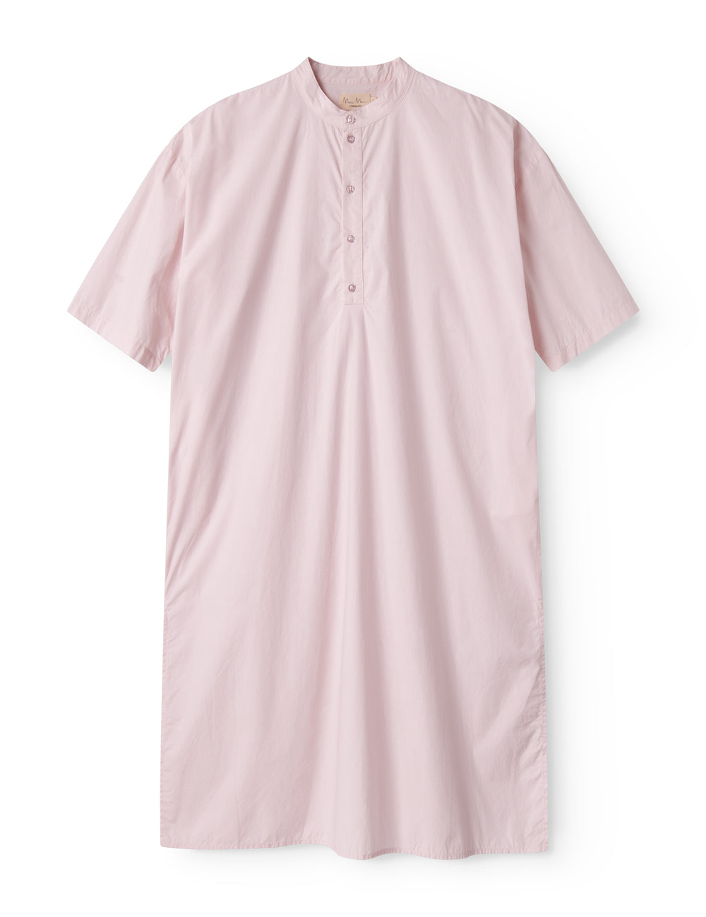 Red dress with short sleeves and a button-up closure.