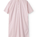 Red dress with short sleeves and a button-up closure.