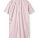 Red dress with short sleeves and a button-up closure.