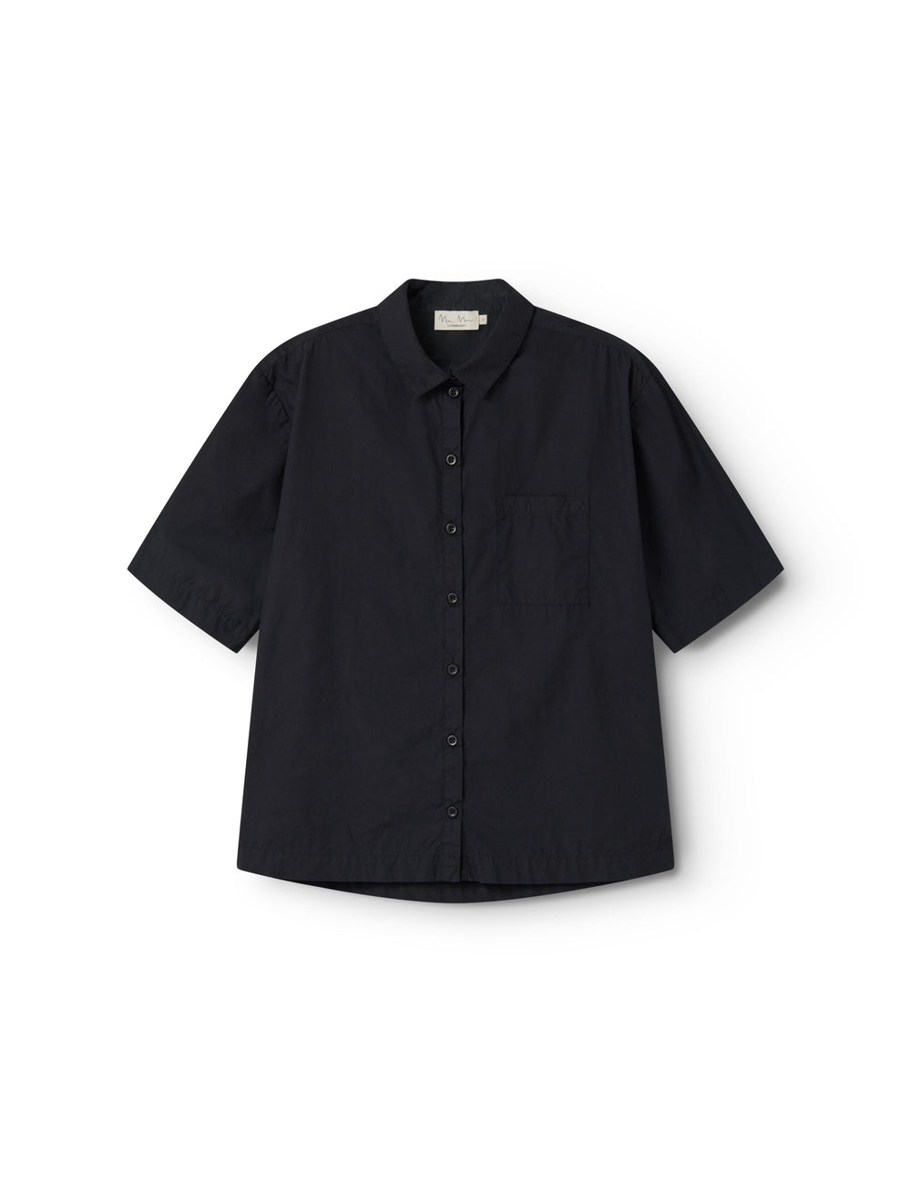 Short black shirt for women with a loose fit, classic collar.