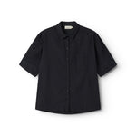 Short black shirt for women with a loose fit, classic collar.