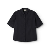 Short black shirt for women with a loose fit, classic collar.