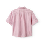 Red short-sleeved shirt for women with fine stripes, classic collar, breast pockets, and front button closure.