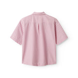 Red short-sleeved shirt for women with fine stripes, classic collar, breast pockets, and front button closure.