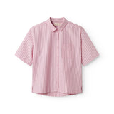 Red short-sleeved shirt for women with fine stripes, classic collar, breast pockets, and front button closure.