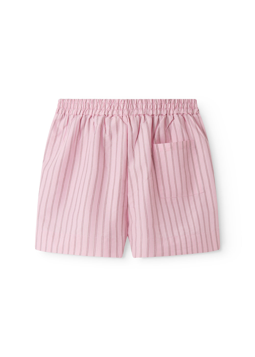 Red shorts for women with fine stripes, side pockets, and elastic at the waist.