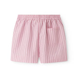 Red shorts for women with fine stripes, side pockets, and elastic at the waist.