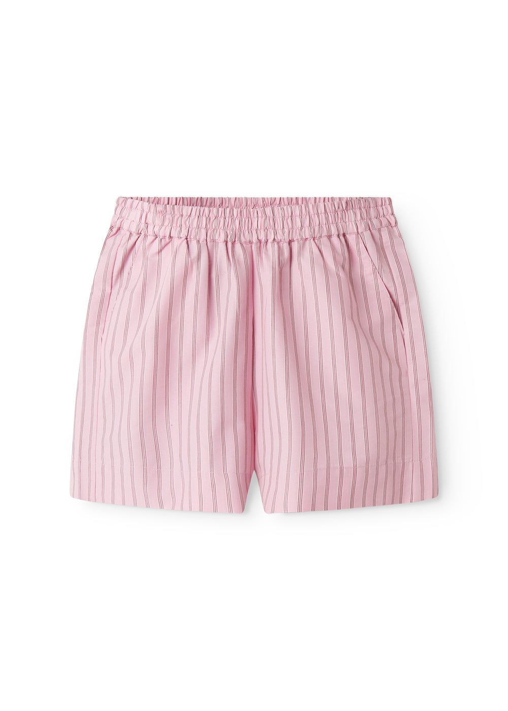 Red shorts for women with fine stripes, side pockets, and elastic at the waist.