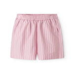 Red shorts for women with fine stripes, side pockets, and elastic at the waist.