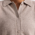 Gray-brown Kashmir cardigan in alpaca blend with button closure and collar.
