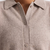 Gray-brown Kashmir cardigan in alpaca blend with button closure and collar.