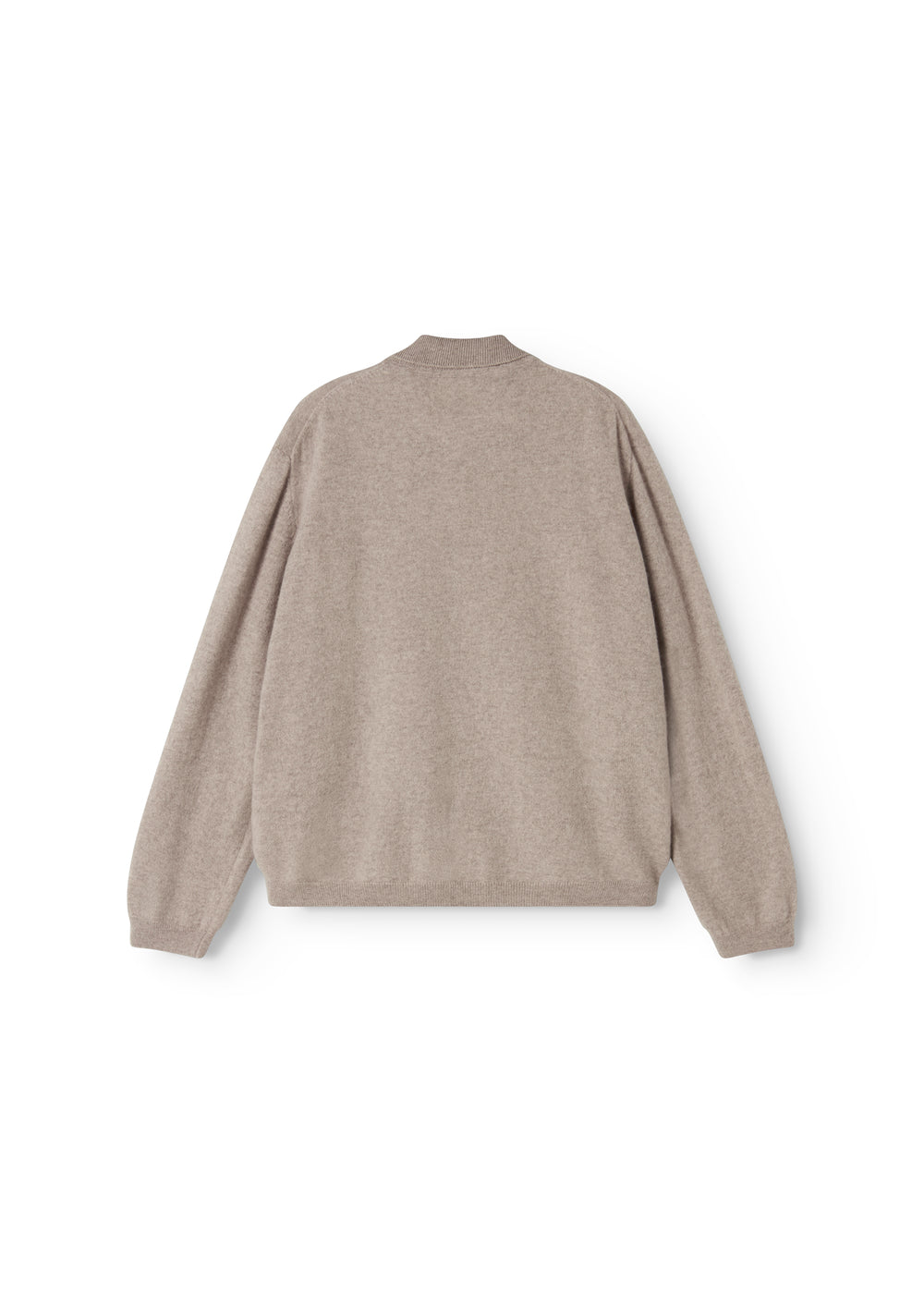 Gray mixed cardigan with round neck and button closure, seen from behind.
