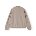 Gray mixed cardigan with round neck and button closure, seen from behind.