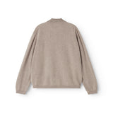 Gray mixed cardigan with round neck and button closure, seen from behind.