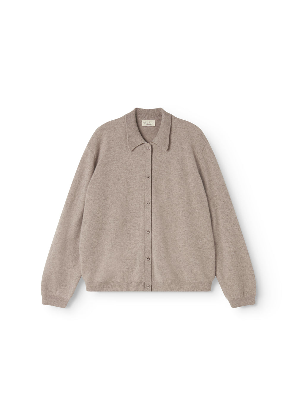 Gray mixed alpaca blend cardigan with button closure and collar.