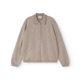 Gray mixed alpaca blend cardigan with button closure and collar.