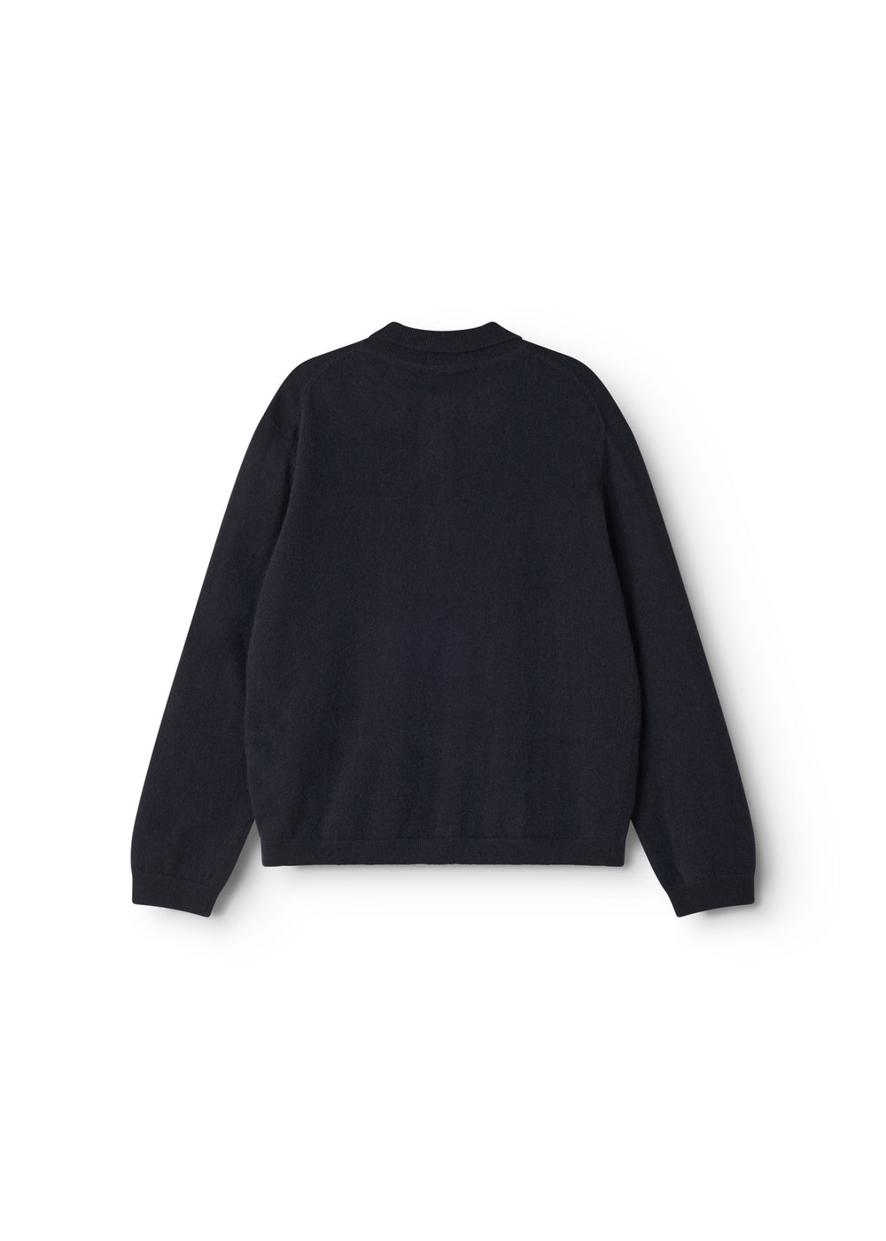 Dark indigo Kashmir cardigan with round neck and ribbed edge.