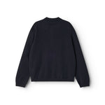 Dark indigo Kashmir cardigan with round neck and ribbed edge.
