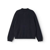 Dark indigo Kashmir cardigan with round neck and ribbed edge.