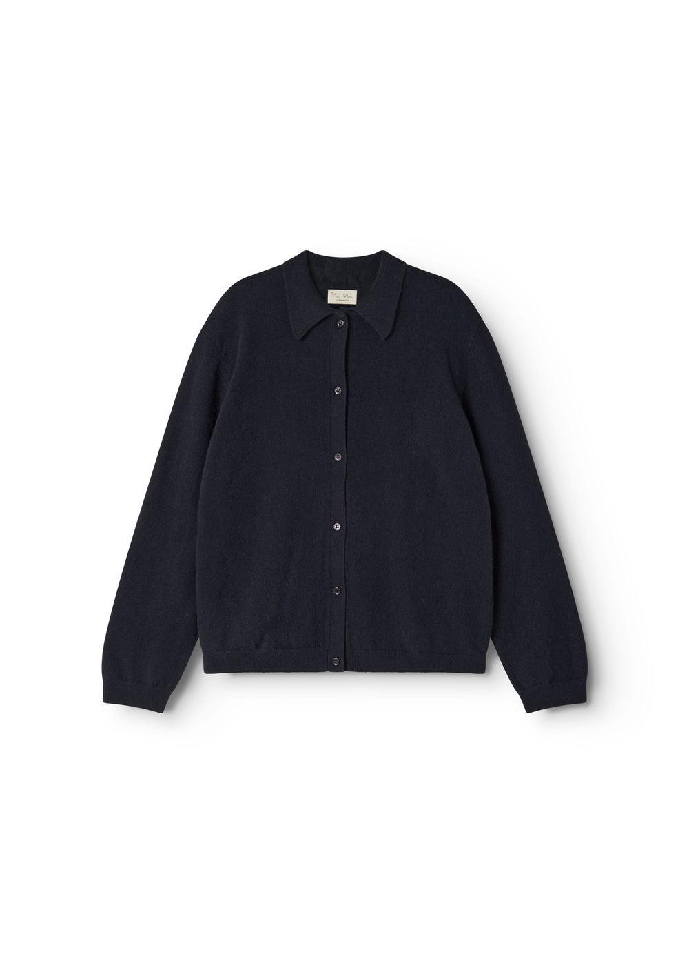 Dark indigo Kashmir cardigan with buttons and collar, long sleeves