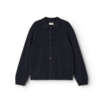 Dark indigo Kashmir cardigan with buttons and collar, long sleeves