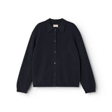 Dark indigo Kashmir cardigan with buttons and collar, long sleeves