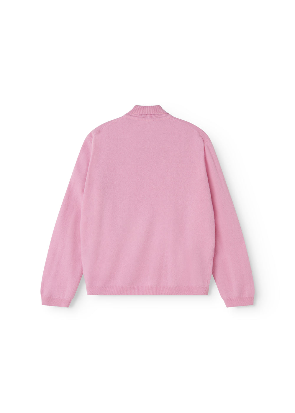 Pink polo shirt seen from behind with a round/soft high collar and long sleeves