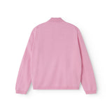 Pink polo shirt seen from behind with a round/soft high collar and long sleeves
