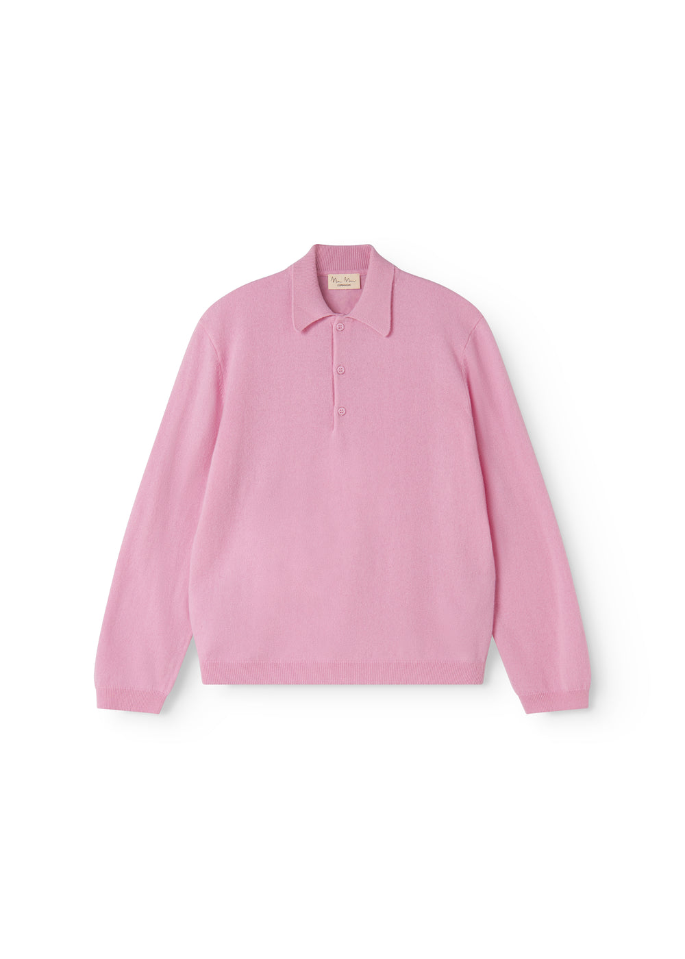 Pink polo shirt with a collar and front button closure, long sleeves.