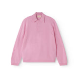 Pink polo shirt with a collar and front button closure, long sleeves.