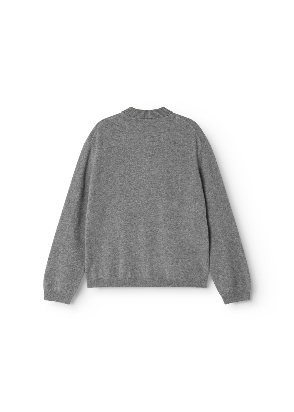 Gray melange cashmere polo with long sleeves and collar cut (seen from behind).