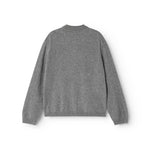 Gray melange cashmere polo with long sleeves and collar cut (seen from behind).