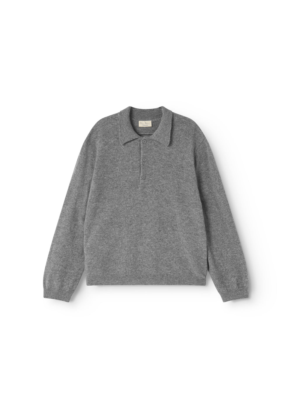 Gray melange cashmere polo with a stand collar and front buttons, long sleeves.