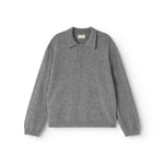 Gray melange cashmere polo with a stand collar and front buttons, long sleeves.