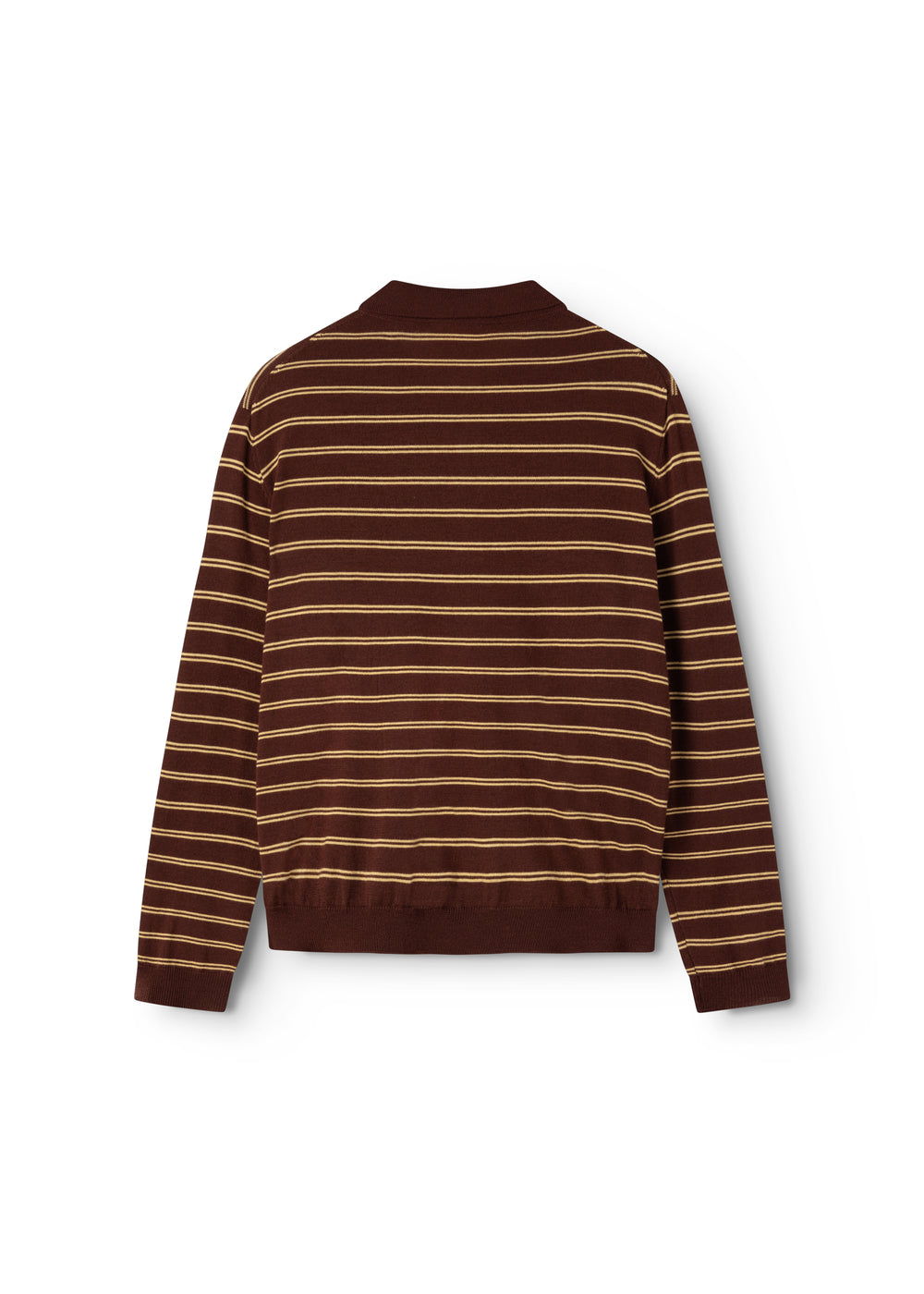 Knitted polo shirt with dark striped pattern seen from behind, long sleeves