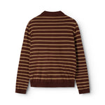 Knitted polo shirt with dark striped pattern seen from behind, long sleeves