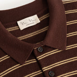 Black striped polo shirt with collar and button closure, plus ribbed trim at the neckline.