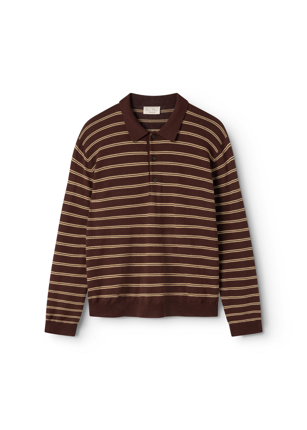 Knitted polo shirt in dark striped pattern with a column and buttons in front.