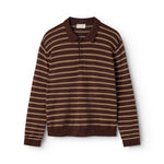 Knitted polo shirt in dark striped pattern with a column and buttons in front.