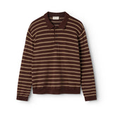 Knitted polo shirt in dark striped pattern with a column and buttons in front.