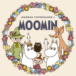 Girl's dress with a large Moomin motif in a circle and a flower wreath.
