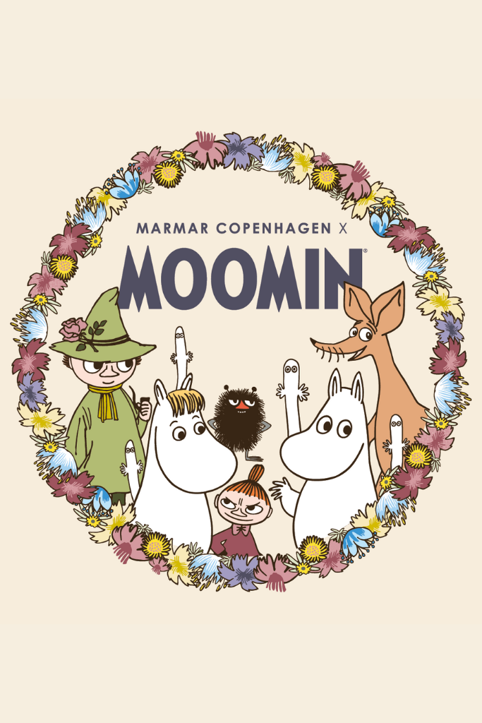 Kids' blouse with a large round Moomin print featuring characters and a flower wreath.